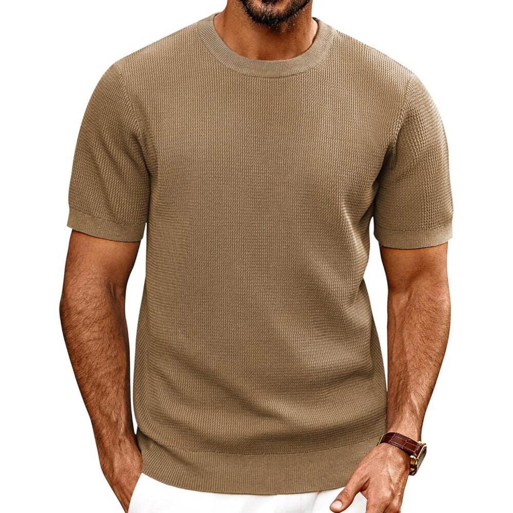 Men's Camel Knit Short Sleeve Crewneck Shirt Casual Textured T-shirts